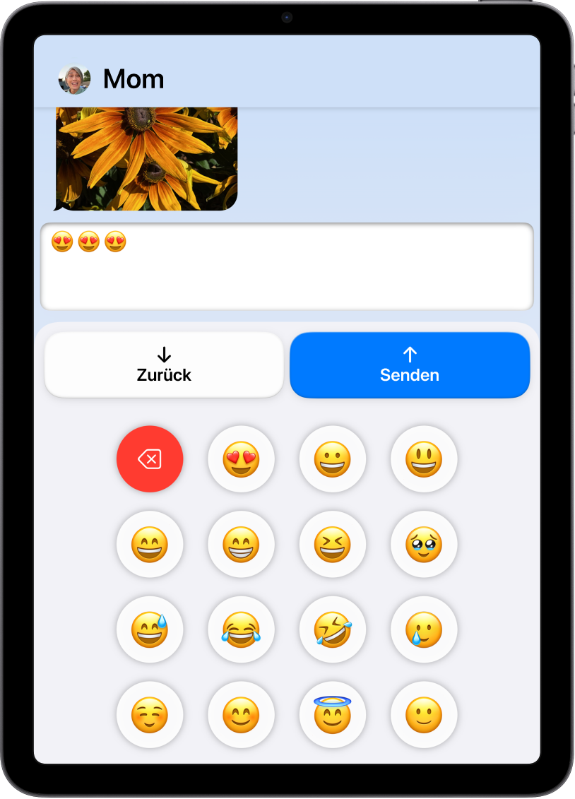 Ein iPad mit der aktivierten Funktion „Unterstützender Zugriff“ und der geöffneten App „Nachrichten“. Eine Nachricht wird unter Verwendung der Emoji-Tastatur gesendet.