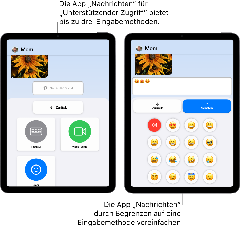 Zwei iPad-Bildschirme mit der aktivierten Funktion „Unterstützender Zugriff“. Auf einem iPad wird die App „Nachrichten“ mit auswählbaren Eingabemethoden wie „Tastatur“ oder „Video-Selfie“ angezeigt. Auf dem anderen wird das Senden einer Nachricht mit der Emoji-Tastatur angezeigt.