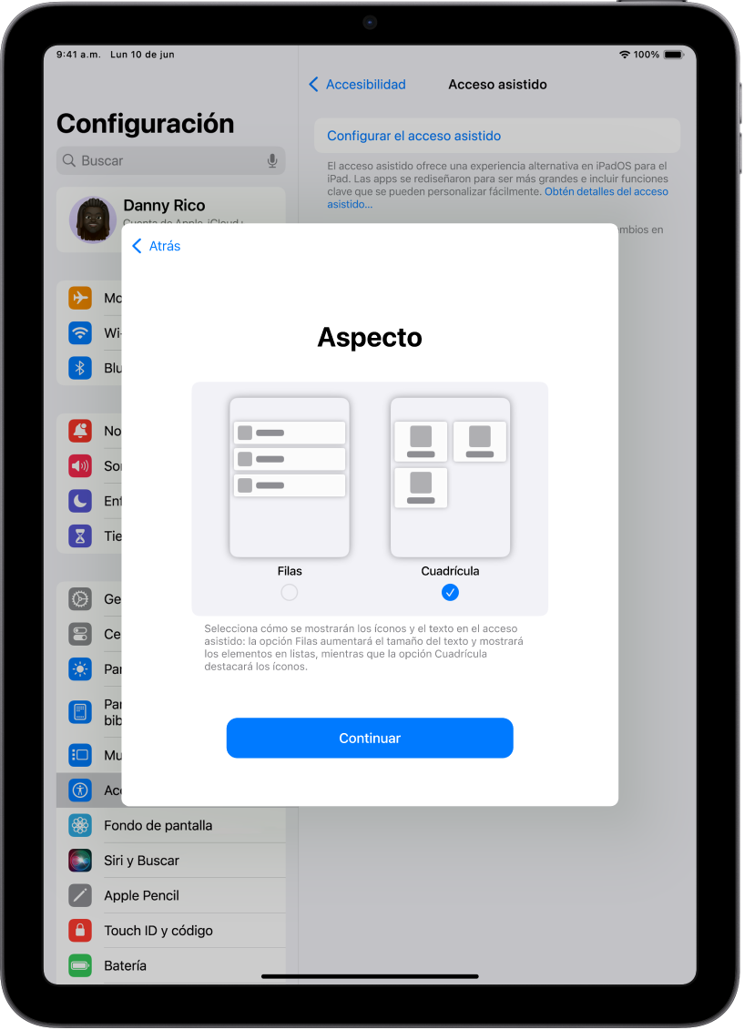 Un iPad que se está configurando para el acceso asistido, con opciones para mostrar el contenido en listas fáciles de leer o en una cuadrícula grande que destaca las imágenes y los íconos.