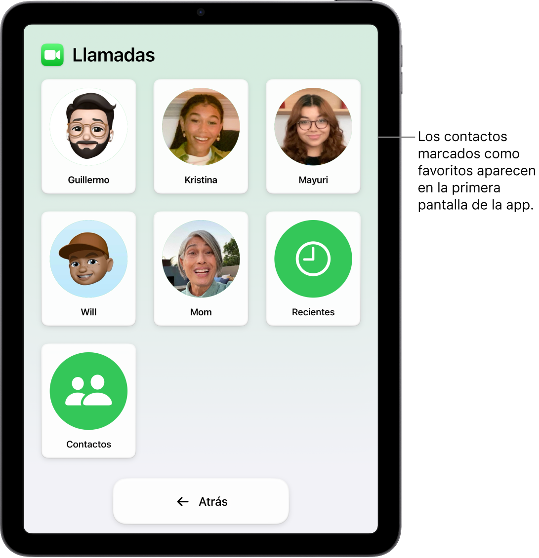 Un iPad en acceso asistido con la app Llamadas abierta y mostrando una cuadrícula grande de nombres y fotos de contactos.