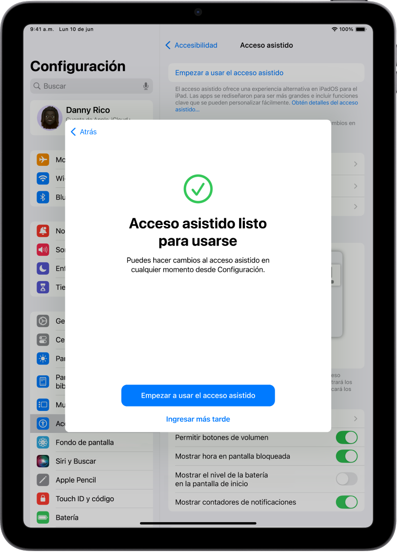 Un iPad mostrando que el acceso asistido está listo con un botón en la parte inferior para entrar a este modo.