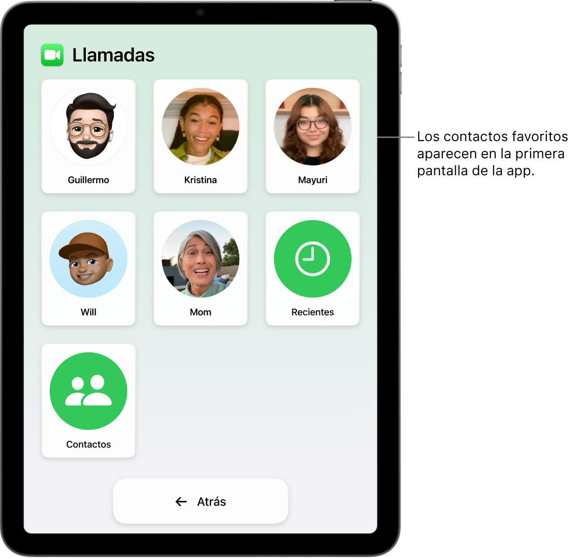 Un iPad en el modo de acceso asistido con la app Llamadas abierta, donde se ve una cuadrícula grande de fotos y nombres de contactos.