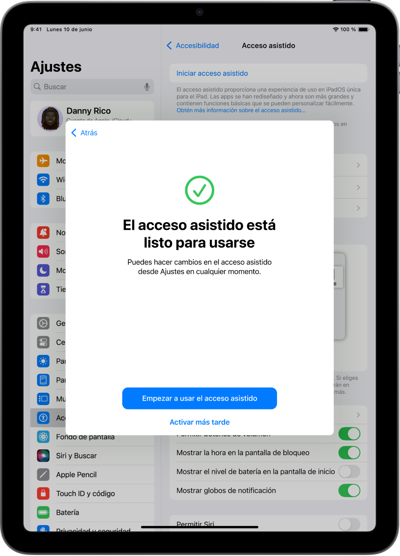 iPad que muestra que el acceso asistido está listo para usar con un botón en la parte inferior para activar el acceso asistido.