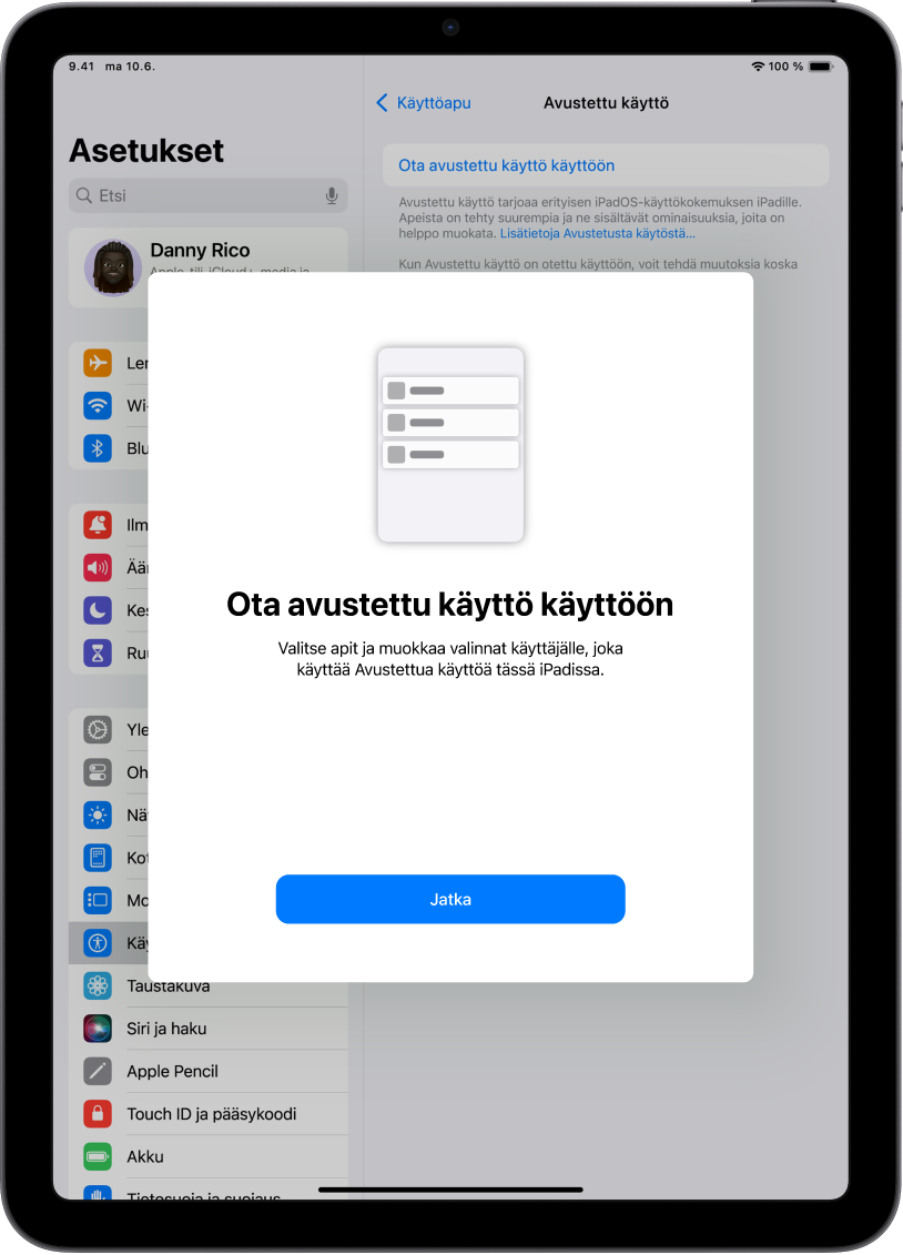 iPad, jossa on auki avustetun käytön käyttöönottonäyttö. Näytön alareunassa näkyy Jatka-painike.