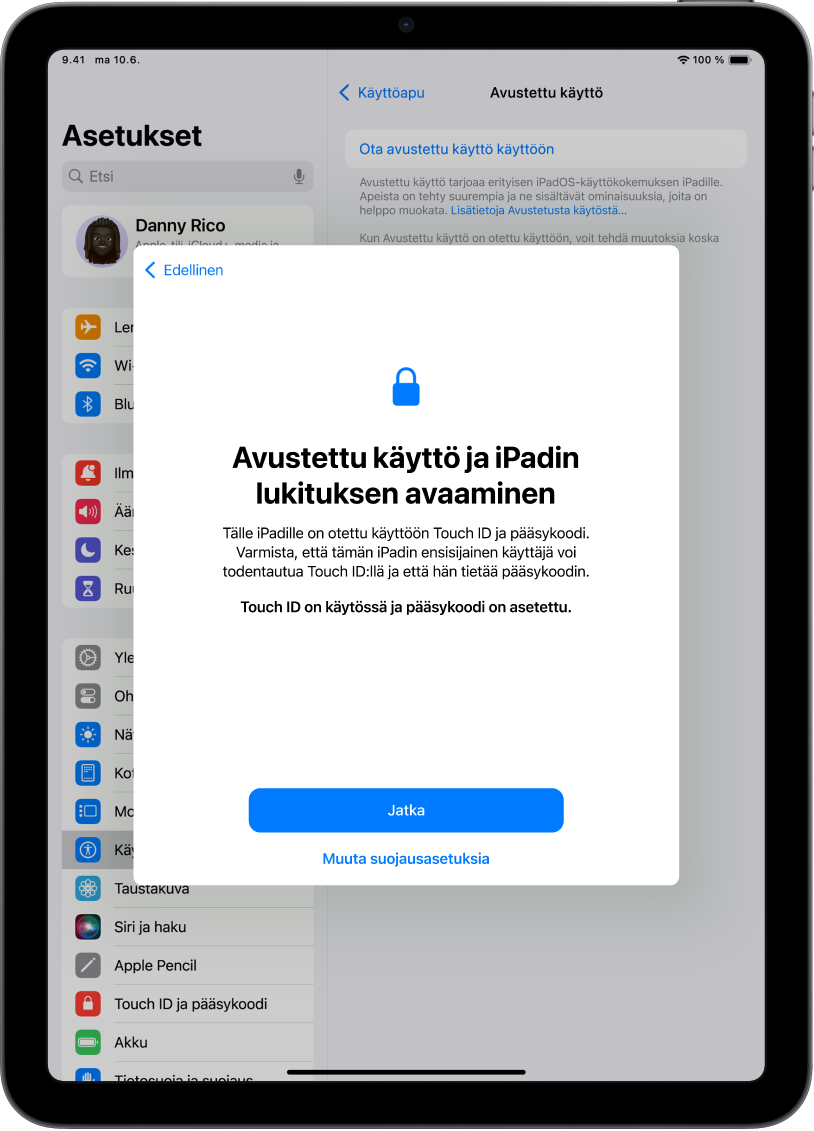 iPad, jonka näytöllä pyydetään tukihenkilöä vahvistamaan, että laitetta käyttävä henkilö tietää laitteen pääsykoodin.