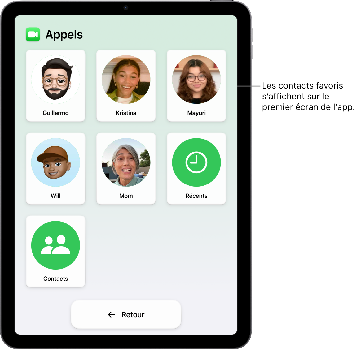 Un iPad dans Accès d’aide avec l’app Appels ouverte, affichant une grande grille de photos et de noms de contacts.