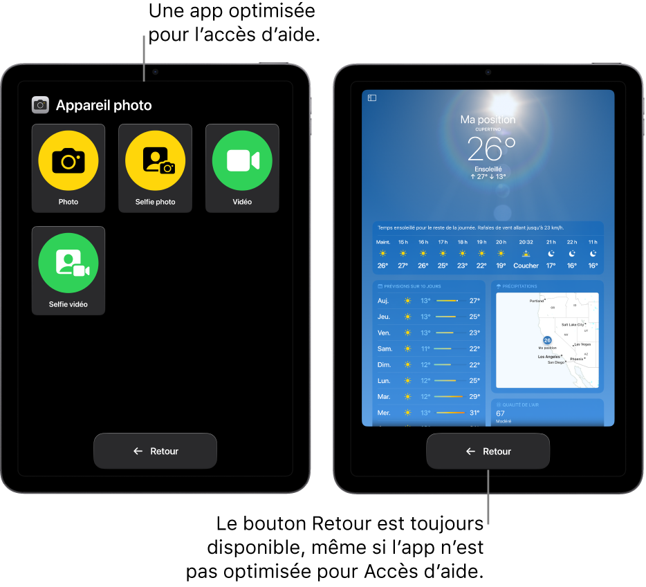 Deux écrans d’iPad dans Accès d’aide. L’un des iPad affiche une app conçue pour Accès d’aide avec une grande grille composée de boutons. L’autre iPad affiche une app qui n’est pas conçue pour Accès d’aide et se présente dans son format original. L’app est plus petite à l’écran, avec un gros bouton Retour en bas.