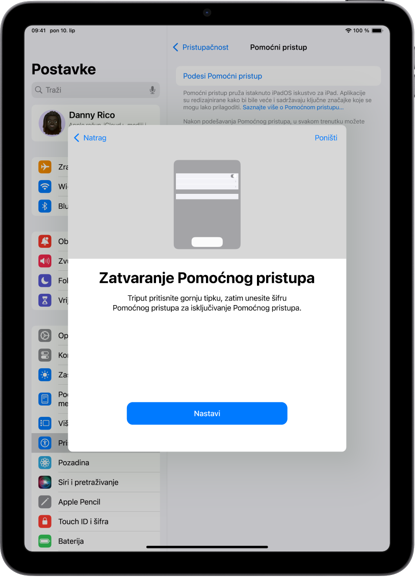 iPad sa zaslonom koji objašnjava kako zatvoriti Pomoćni pristup.