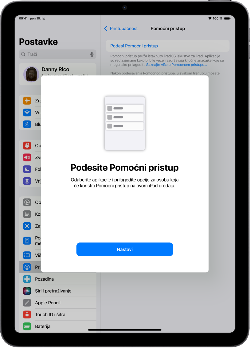 iPad prikazuje zaslon za podešavanje Pomoćnog pristupa s tipkom Nastavi na dnu.