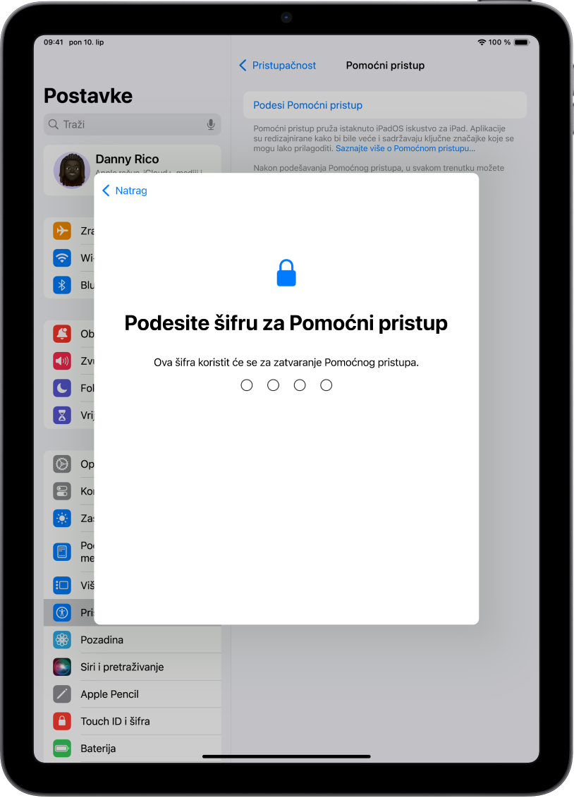 iPad koji prikazuje zaslon za podešavanje šifre za Pomoćni pristup koja se koristi pri otvaranju ili zatvaranju Pomoćnog pristupa.