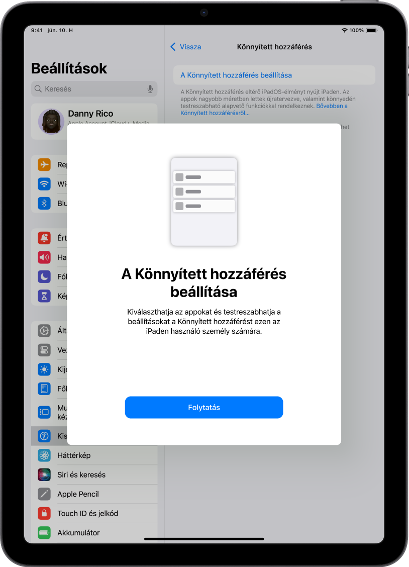 Egy iPad a Könnyített hozzáférés beállítási képernyőjével, amelynek alján a Folytatás gomb látható.