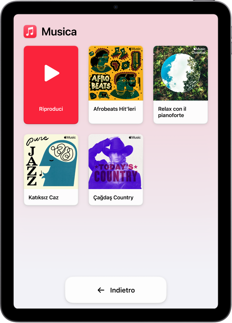 Un iPad in modalità “Accesso assistito” in cui è aperta l’app Musica. Il pulsante Riproduci si trova nell’angolo in alto a sinistra dello schermo, mentre il pulsante Indietro è visualizzato in basso. La parte centrale dello schermo è occupata da una griglia di playlist di grandi dimensioni.