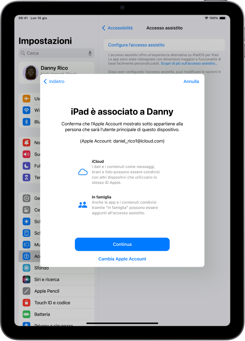 Un iPad che mostra l’Apple Account associato al dispositivo e le informazioni sulle funzionalità di iCloud e “In famiglia”, che possono essere utilizzate con “Accesso assistito”.