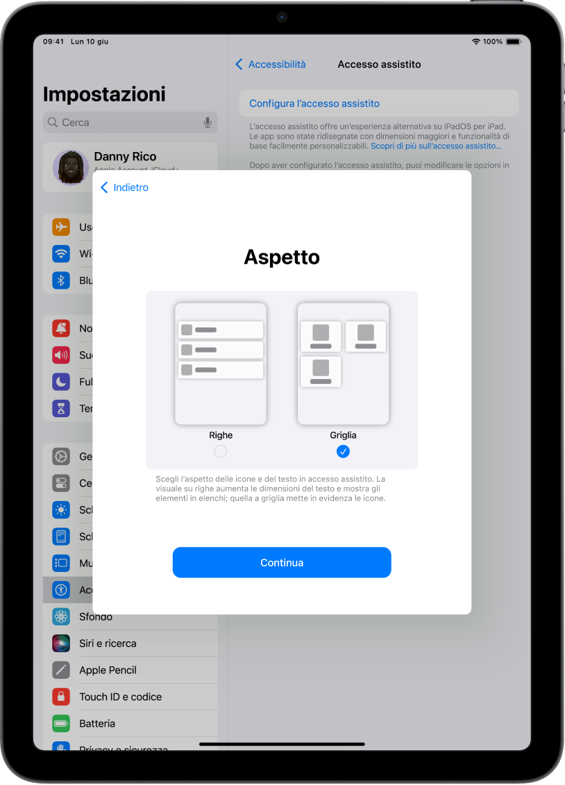 La configurazione di “Accesso assistito” su iPad, con scelte per mostrare i contenuti in elenchi di facile lettura o in un layout a griglia di grandi dimensioni che mette in evidenza immagini e icone.