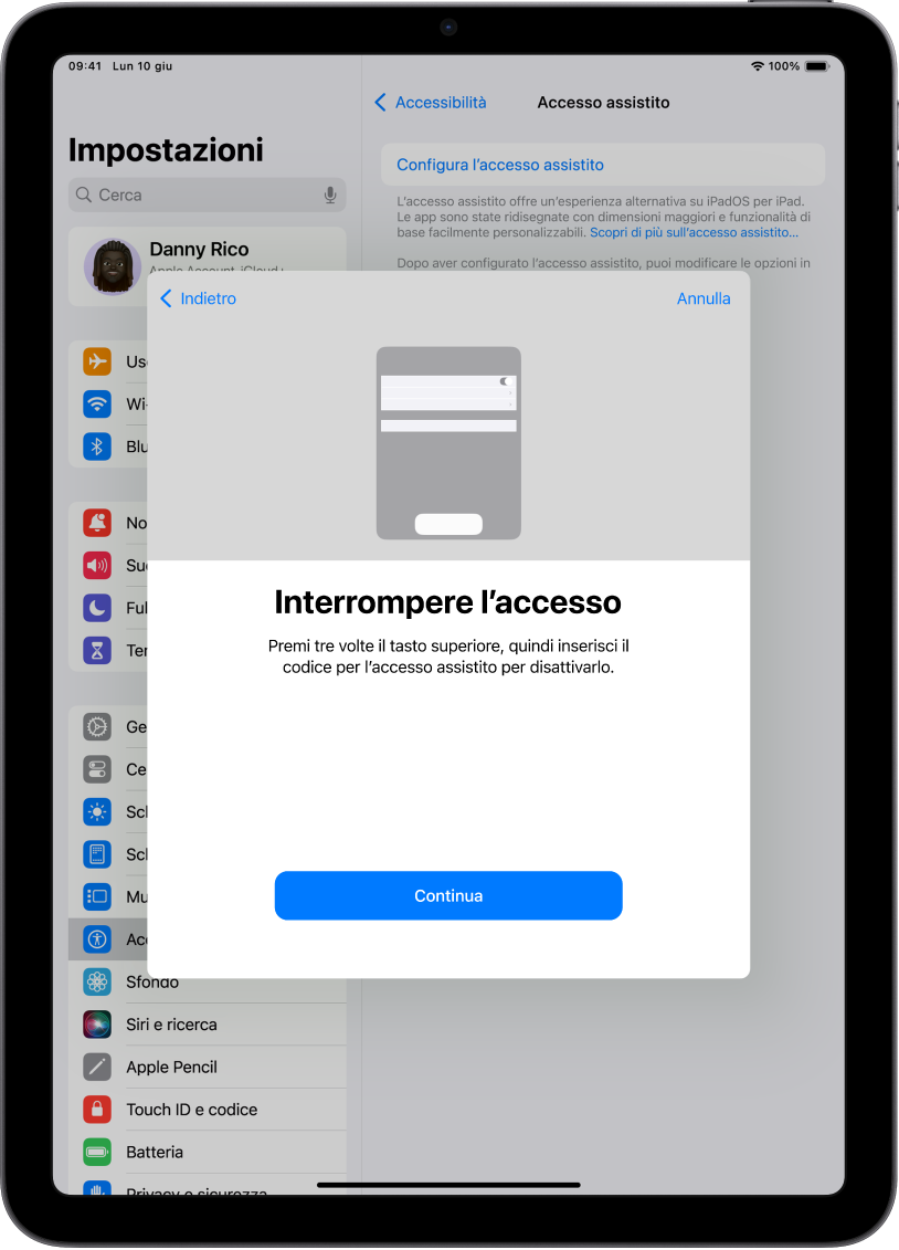 Una schermata di iPad che spiega come interrompere “Accesso assistito”.