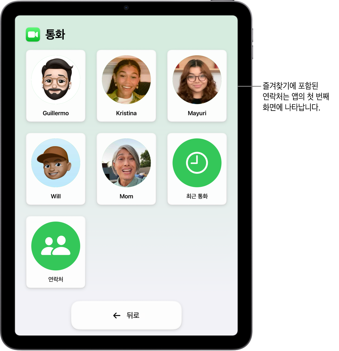 보조 접근을 사용 중인 iPad에 통화 앱이 열려 있으며 연락처의 사진과 이름이 큰 격자로 표시됨.