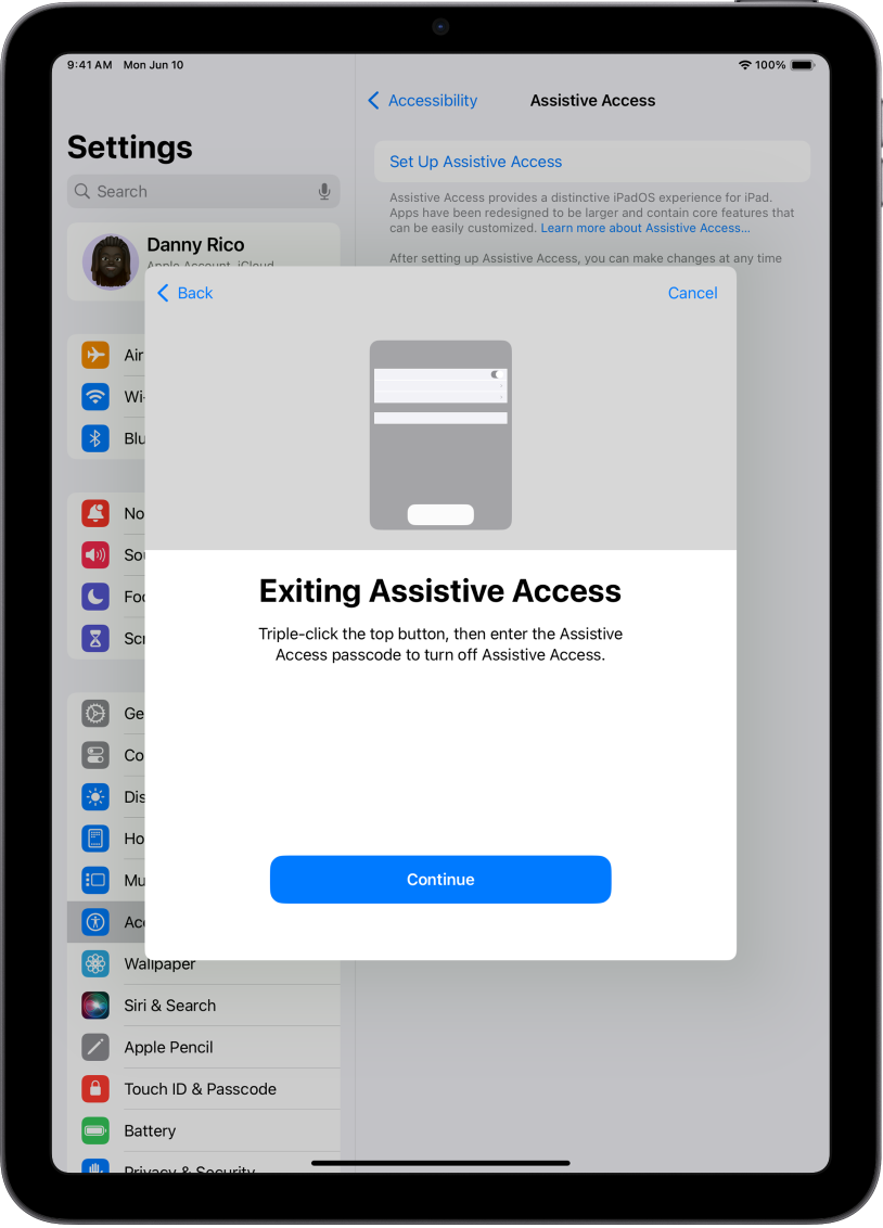 iPad ierīce ar ekrānu, kurā paskaidrots, kā izslēgt Assistive Access.