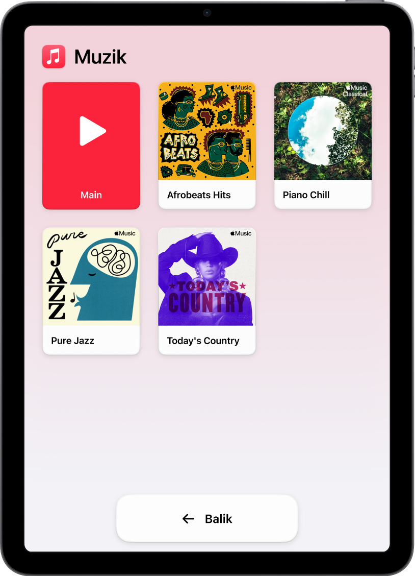 iPad dalam Akses Bantu dengan app Muzik dibuka. Butang Main di penjuru kiri atas skrin dan butang Balik di bahagian bawah. Grid besar senarai main mengisi keseluruhan skrin.