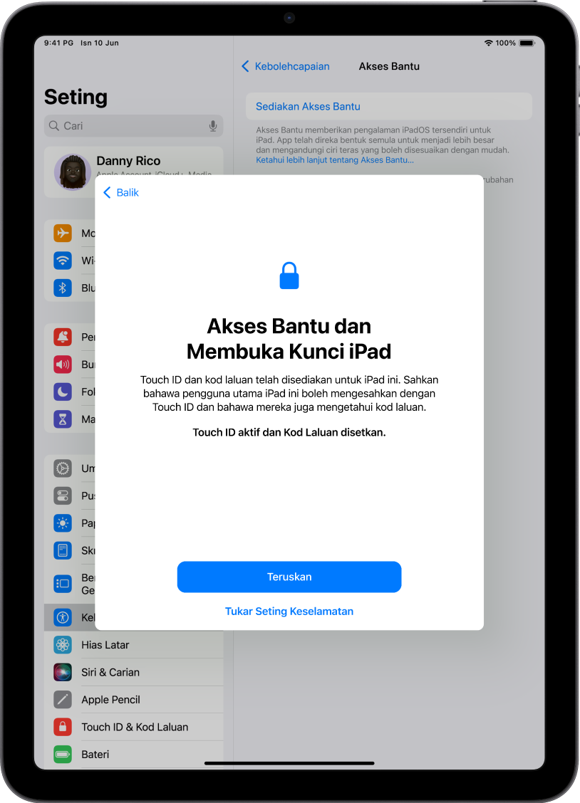 iPad dengan skrin yang meminta penyokong yang dipercayai untuk mengesahkan orang yang menggunakan peranti tahu kod laluan peranti.