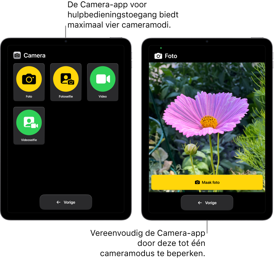 Twee iPad-schermen in hulpbedieningstoegang. Op de ene iPad is de Camera-app te zien met cameramodi waaruit de gebruiker kan kiezen, zoals 'Video' en 'Fotoselfie'. Op de andere iPad is de Camera-app te zien met alleen de modus voor het maken van foto's.