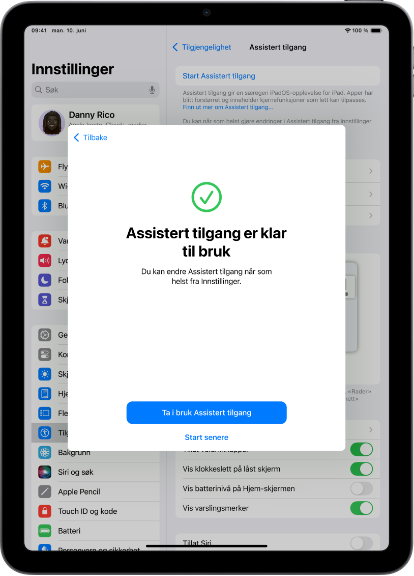 En iPad som viser at Assistert tilgang er klar til bruk med en knapp nederst for å gå inn i Assistert tilgang.