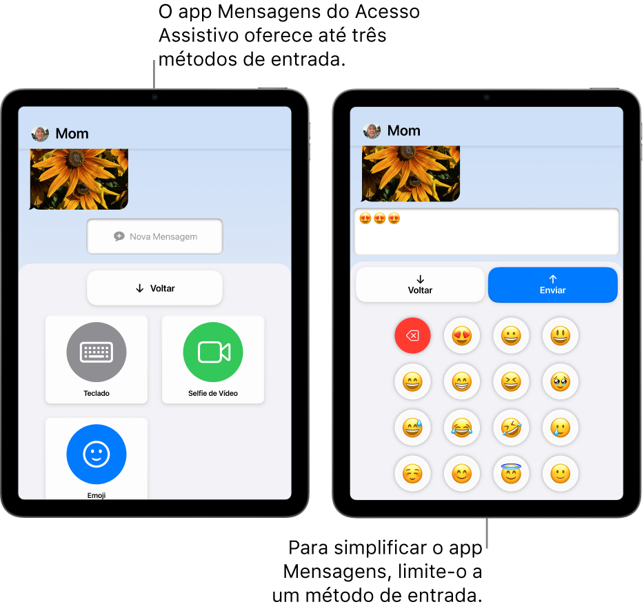 Duas telas de iPad no Acesso Assistivo. Um iPad mostra o app Mensagens com métodos de entrada para escolha do usuário, como Teclado ou Selfie de Vídeo. O outro mostra uma mensagem sendo enviada usando um teclado só de emojis.