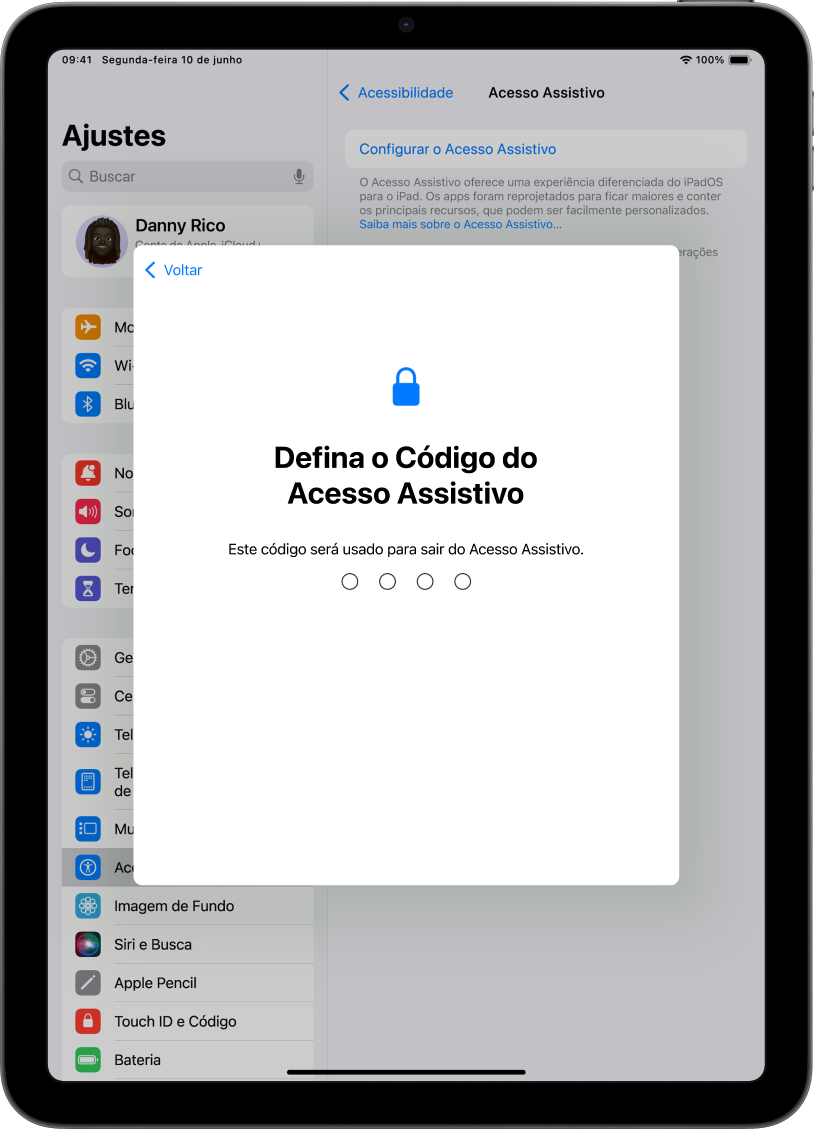 iPad mostrando a tela de definição do código usado para entrar e sair do Acesso Assistivo.