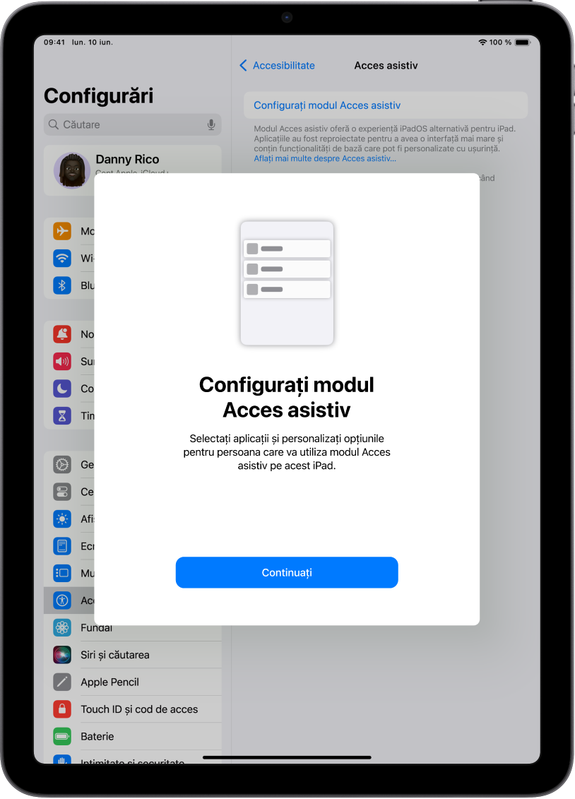 Un iPad afișând ecranul de configurare a modului Acces asistiv, cu butonul Continuați în partea de jos.