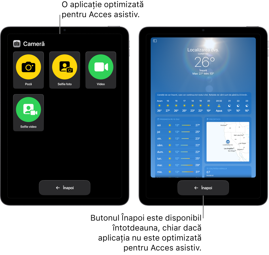 Două ecrane de iPad în modul Acces asistiv. Un iPad afișează o aplicație concepută pentru modul Acces asistiv cu o grilă mare de butoane. Celălalt iPad afișează o aplicație care nu este concepută pentru modul Acces asistiv și în designul său original. Aplicația este mai mică pe ecran, cu un buton Înapoi mare în partea de jos.