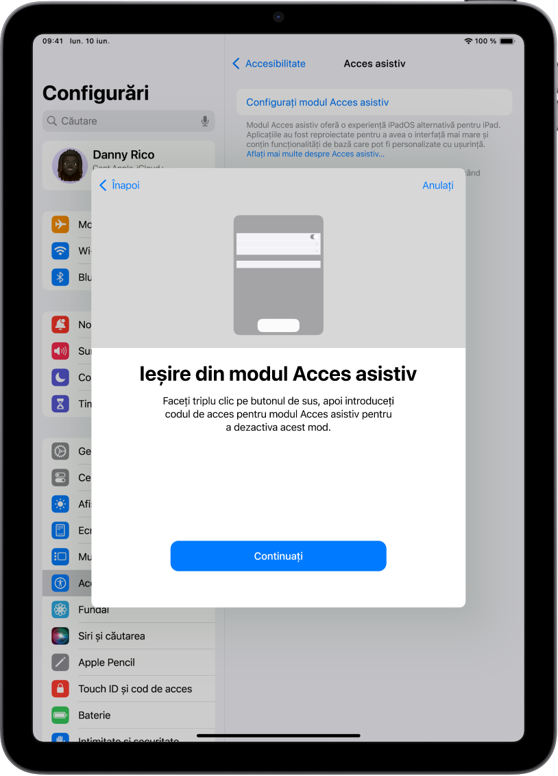 Un iPad cu un ecran cu explicații despre cum se poate ieși din modul Acces asistiv.