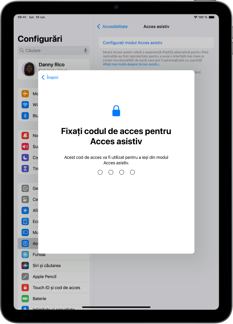 Un iPad afișând ecranul pentru configurarea codului de acces pentru modul Acces asistiv utilizat pentru intrarea și ieșirea din modul Acces asistiv.