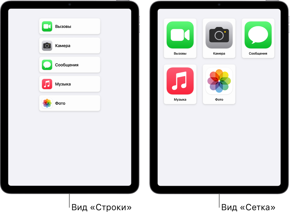 Показаны два iPad в режиме Упрощенного доступа. На экране «Домой» одного устройства приложения перечислены в виде списка. На экране другого устройства крупные значки приложений представлены в виде сетки.