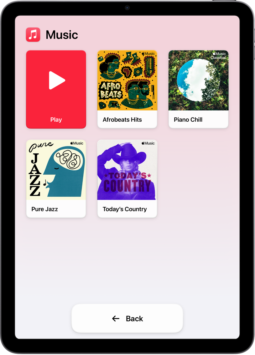 iPad s funkcijo Assistive Access z odprto aplikacijo Music. Gumb Play je v zgornjem levem kotu zaslona, gumb Back pa na dnu. Velika mreža seznamov predvajanja zapolnjuje preostali del zaslona.