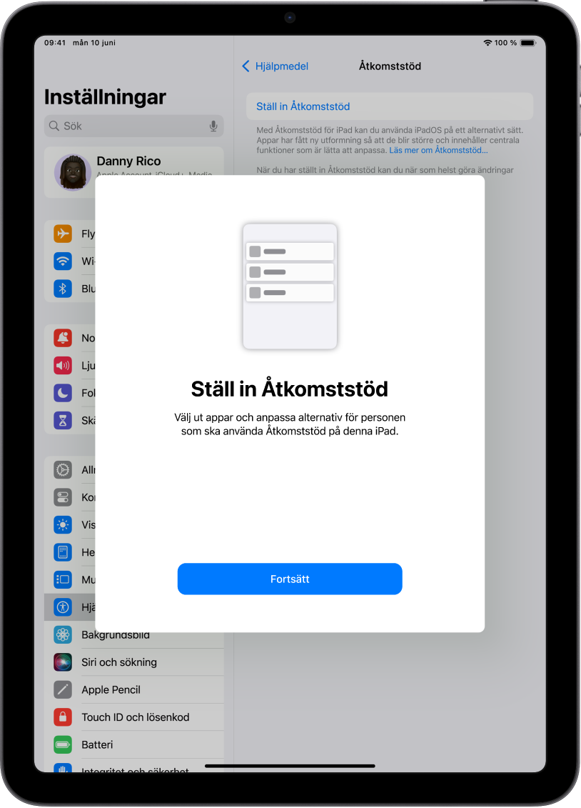 En iPad visar inställningsskärmen för Åtkomststöd med knappen Fortsätt i nederkanten.