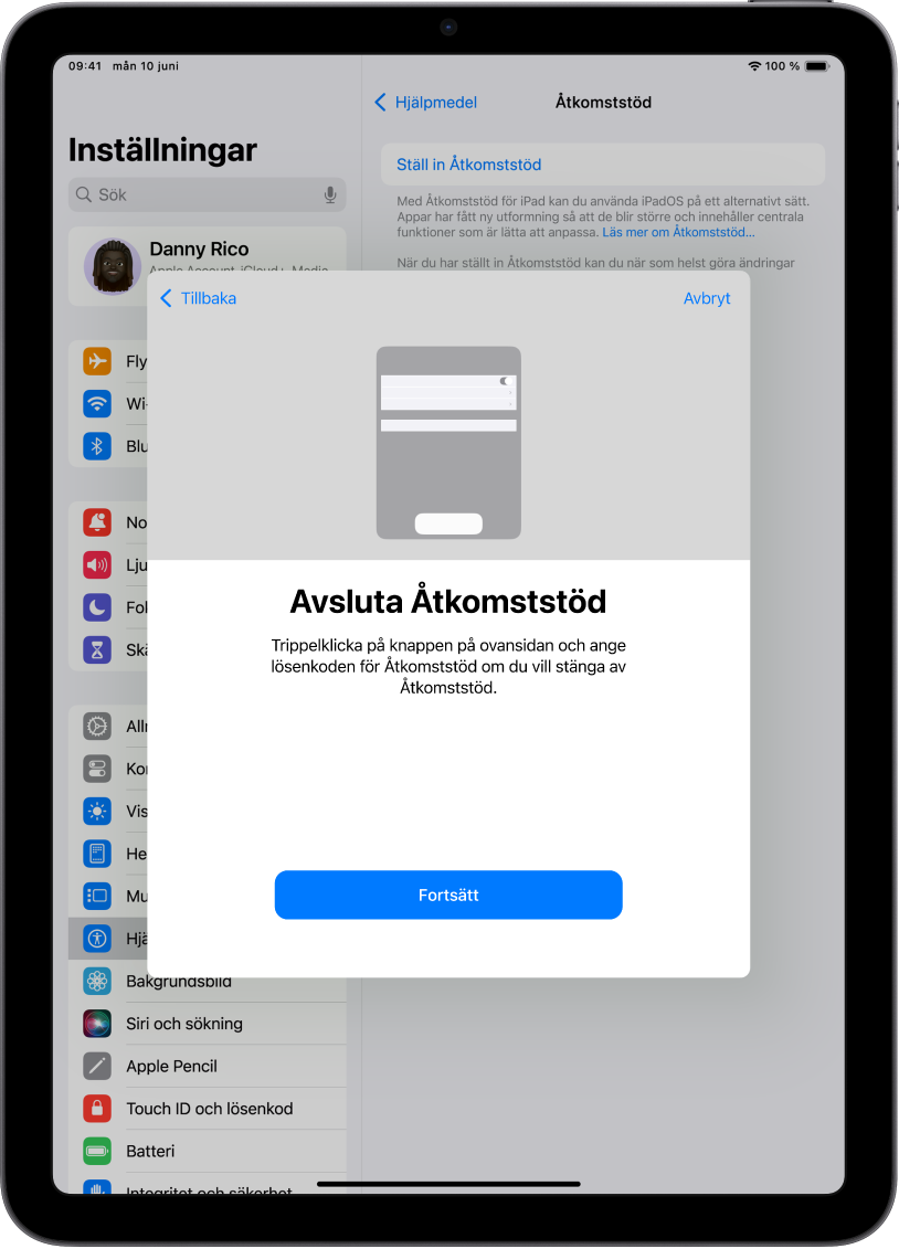 En iPad med en skärm som förklarar hur du avslutar Åtkomststöd.
