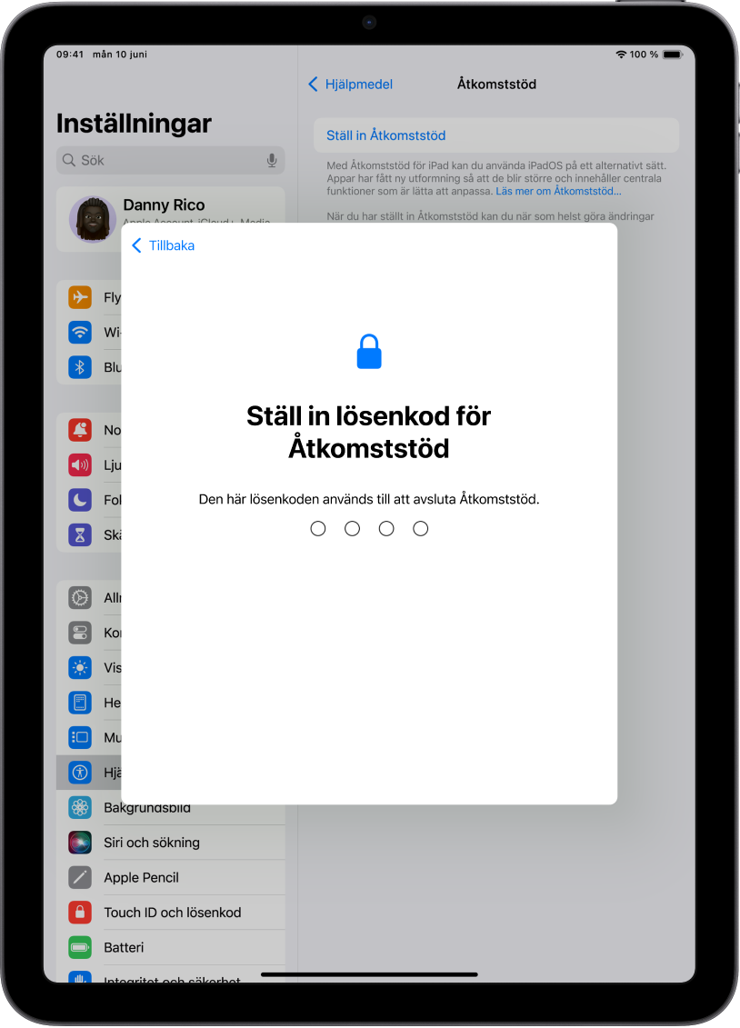 En iPad visar skärmen för att ställa in lösenkoden för Åtkomststöd som används till att öppna och avsluta Åtkomststöd.