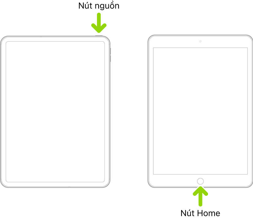 Một iPad có nút nguồn và không có nút Home, cùng với một iPad có nút Home. Một mũi tên trỏ vào vị trí của từng nút.