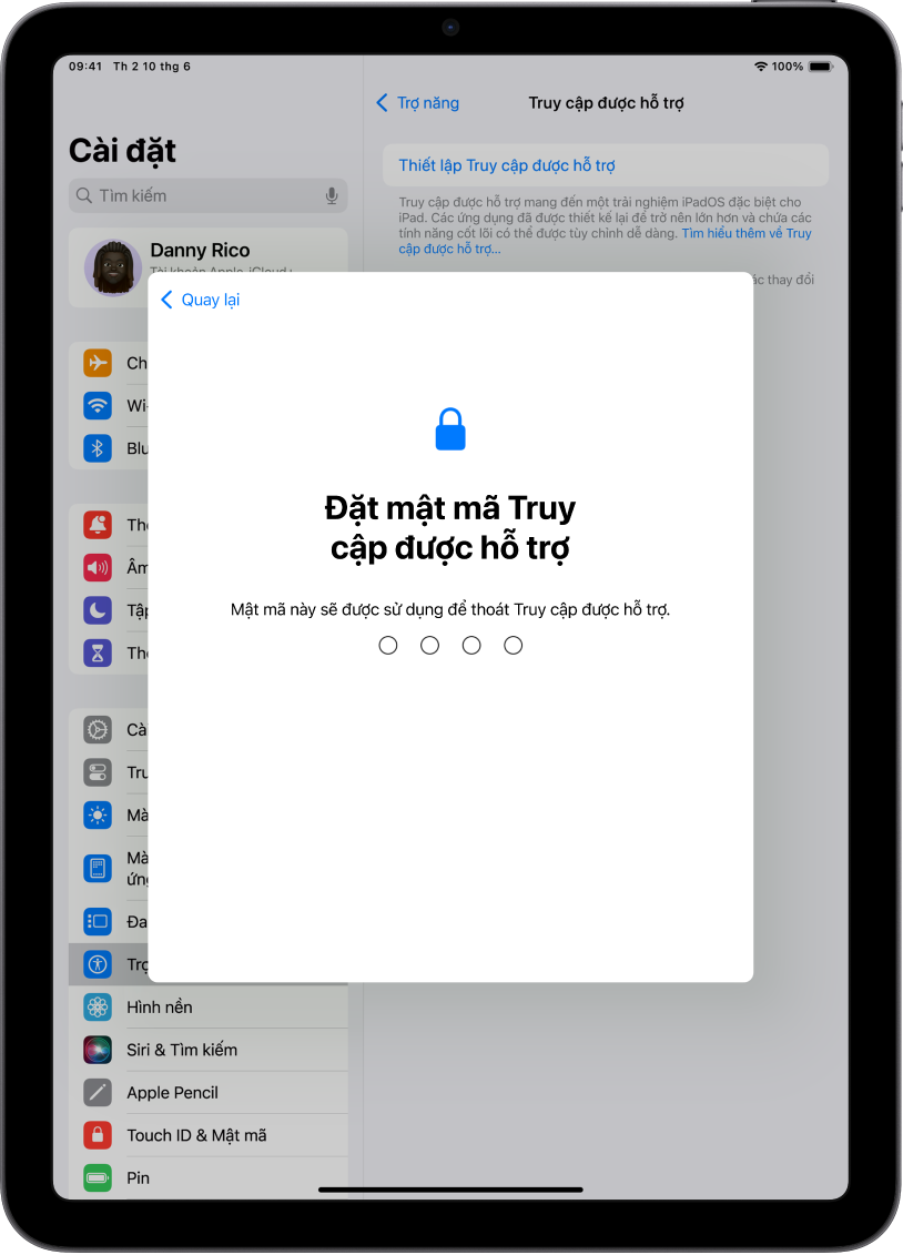 Một iPad đang hiển thị màn hình để đặt mật mã Truy cập được hỗ trợ được sử dụng khi vào và thoát Truy cập được hỗ trợ.