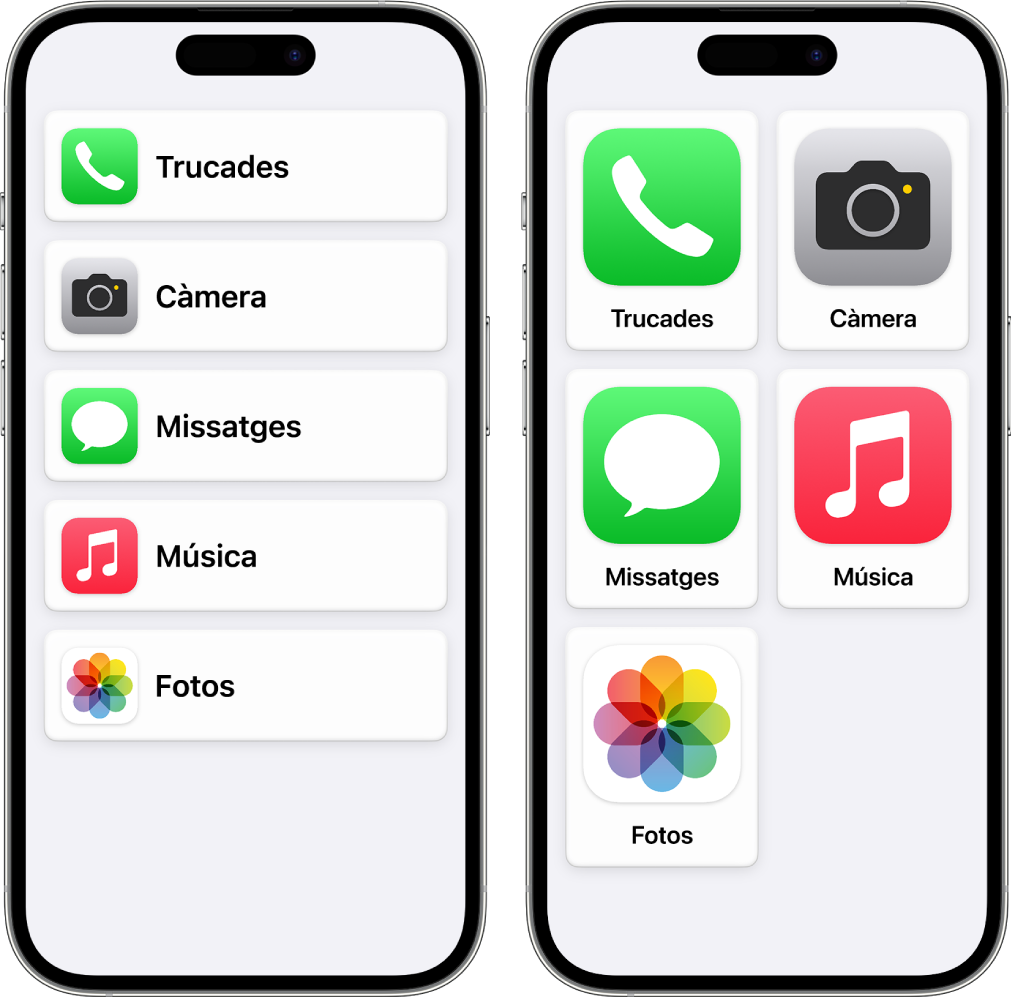 Dues pantalles d’iPhone amb ús assistit. En un s’hi veu la pantalla d’inici amb les apps en una llista. A l’altre s’hi veuen les apps ordenades en una retícula.