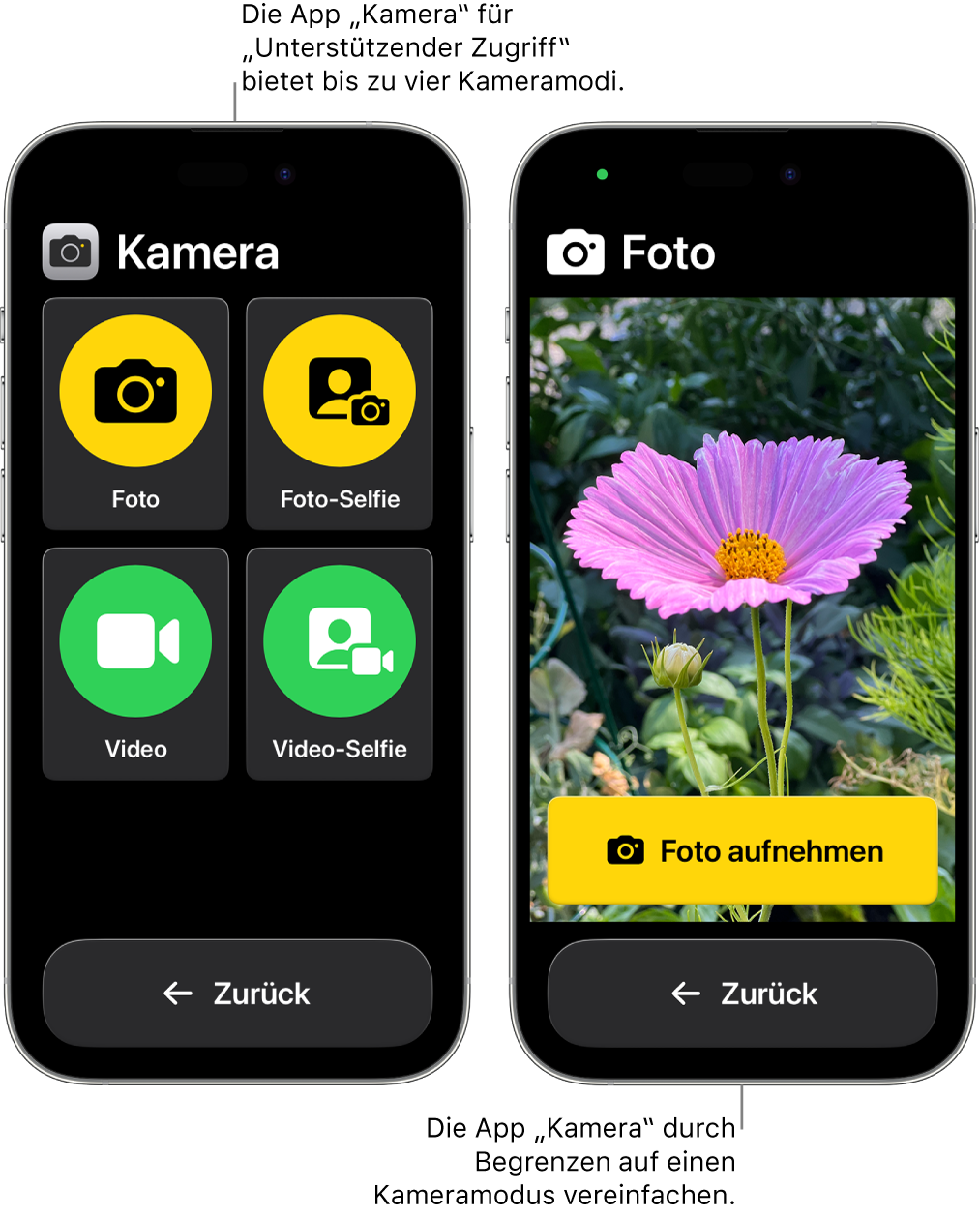 Zwei iPhone-Bildschirme mit der aktivierten Funktion „Unterstützender Zugriff“. Auf einem iPhone wird die App „Kamera“ mit auswählbaren Kameramodi wie „Video“ oder „Foto-Selfie“ angezeigt. Auf dem anderen iPhone wird die App „Kamera“ mit einem einzigen Modus zum Aufnehmen von Fotos angezeigt.