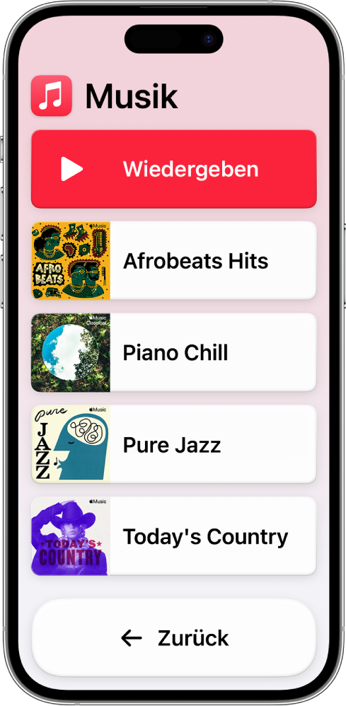 Ein iPhone mit der aktivierten Funktion „Unterstützender Zugriff“ und der geöffneten App „Musik“. Die Taste „Wiedergabe“ befindet sich oben und die Taste „Zurück“ unten auf dem Bildschirm. In der Mitte des Bildschirms wird eine Liste mit Playlists angezeigt.