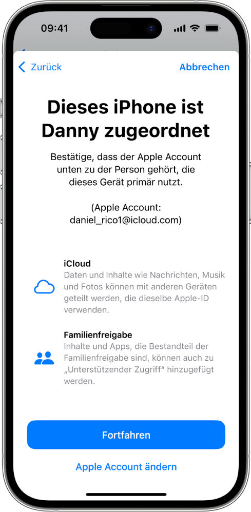 Ein iPhone mit dem Apple Account, der mit dem Gerät verknüpft ist, und Informationen über Funktionen von iCloud und der Familienfreigabe, die mit „Unterstützender Zugriff“ verwendet werden können.