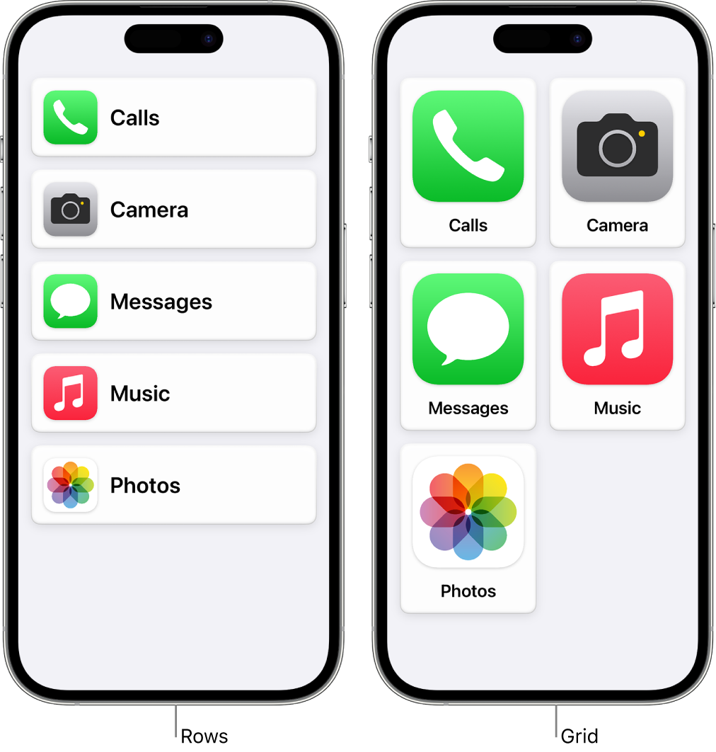 Two iPhone screens in Assistive Access. One shows the Home Screen with apps listed in a row. The other shows larger apps arranged in a grid.