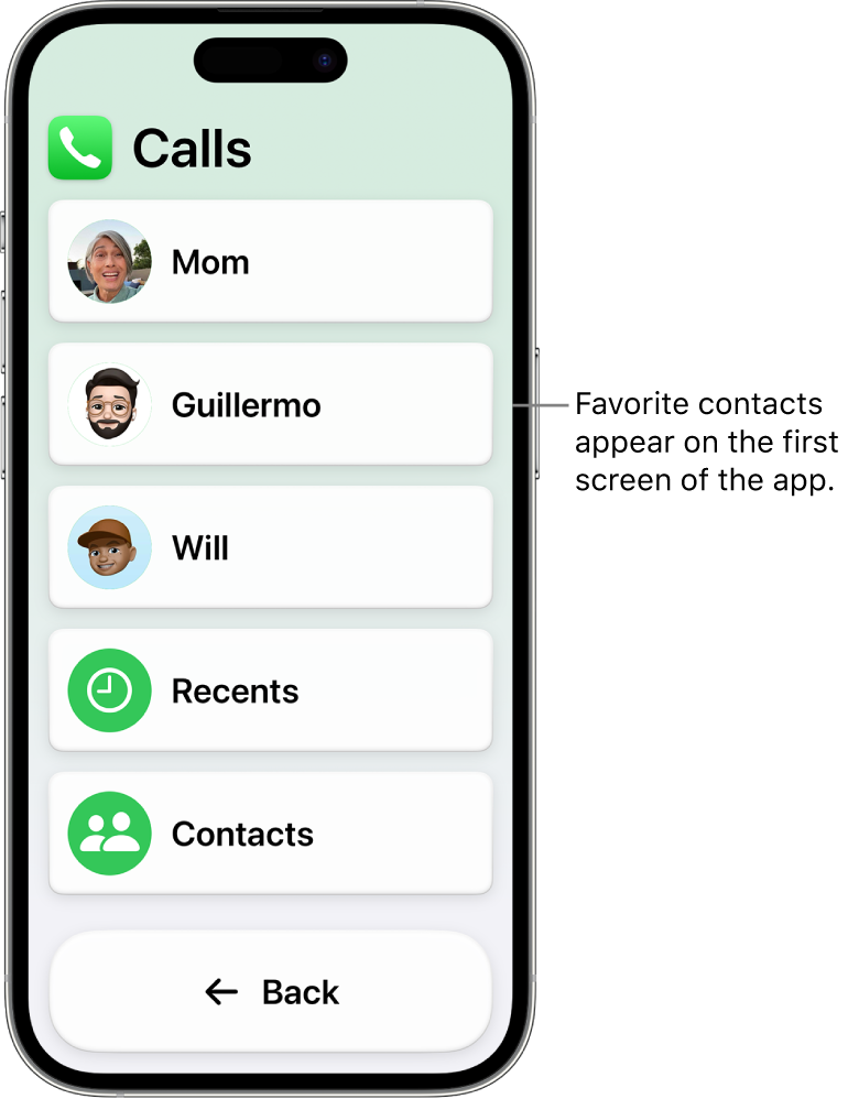 An iPhone in Assistive Access with the Calls app open, showing a list of contact photos and names.