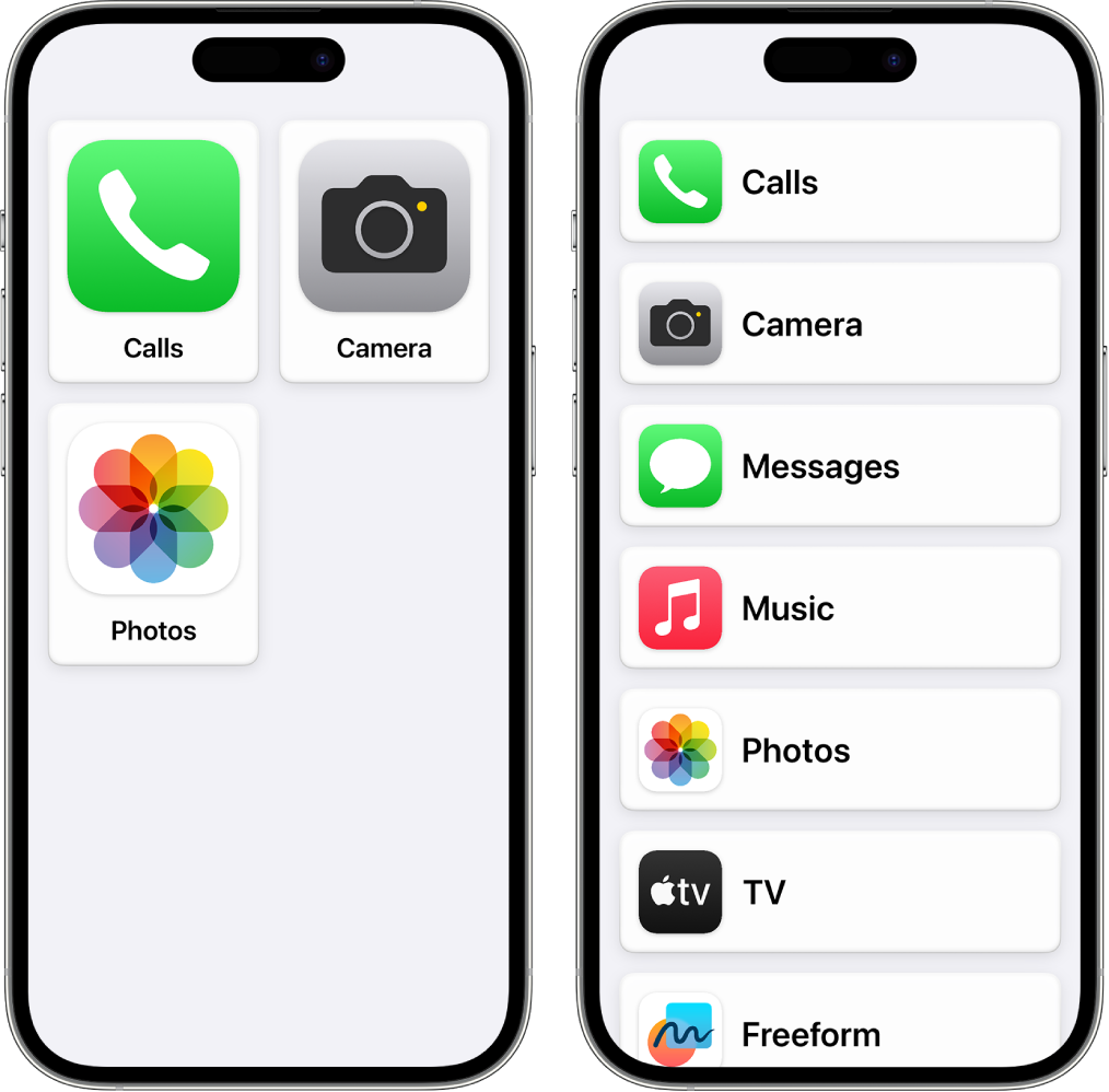 Two iPhone screens showing the Assistive Access Home Screen. One iPhone shows a large grid of just a few apps. The other iPhone shows many apps in a list.