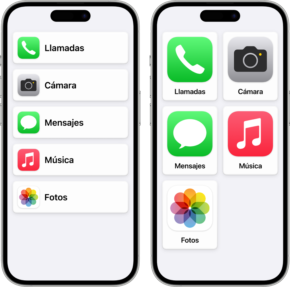 Dos pantallas de iPhone en el modo de acceso asistido. Uno muestra la pantalla de inicio con las apps en una fila. El otro muestra las apps con un tamaño más grande en una cuadrícula.