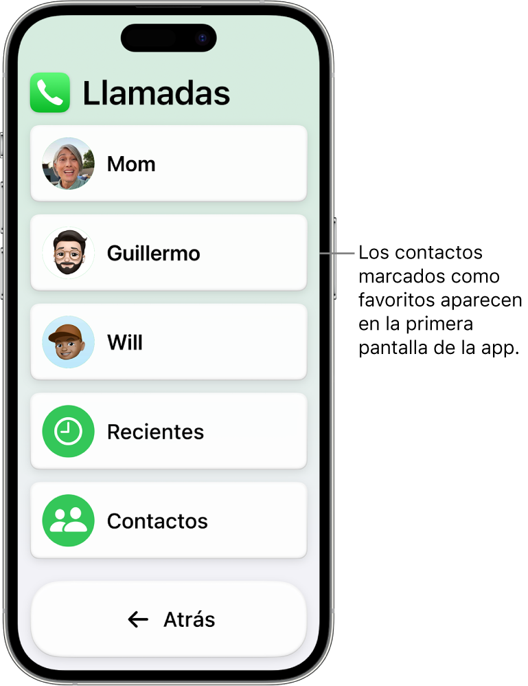 Un iPhone en acceso asistido con la app Llamadas abierta y mostrando una lista de nombres y fotos de contactos.