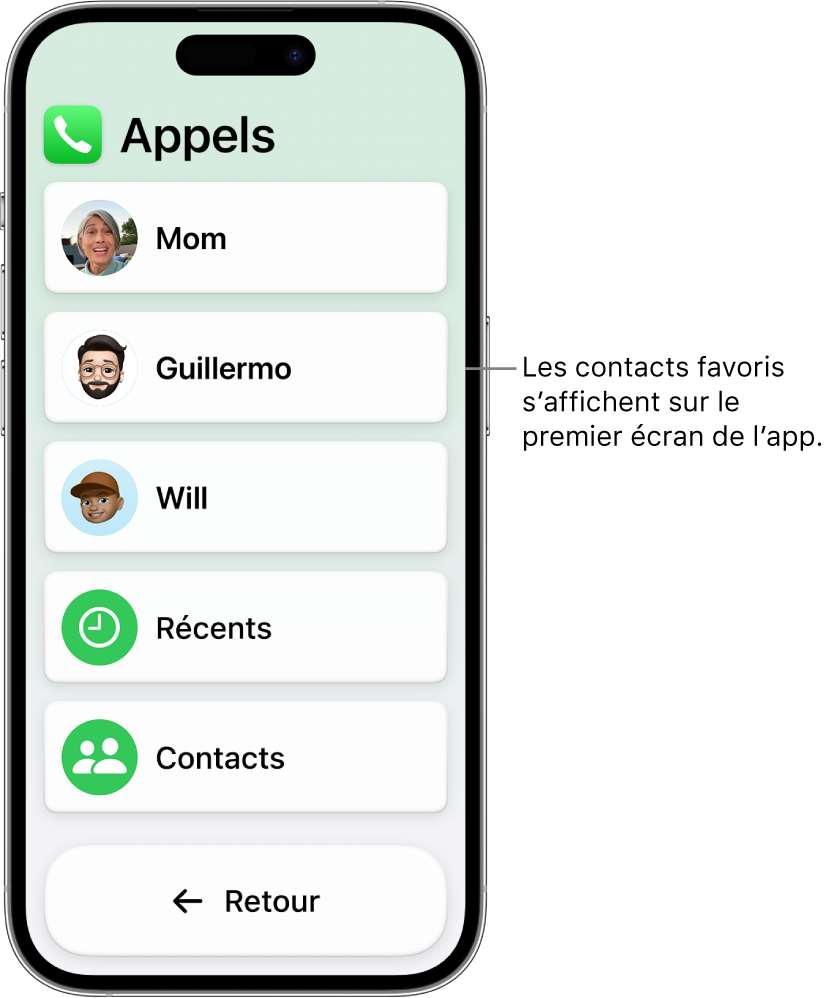 Un iPhone dans Accès d’aide avec l’app Appels ouverte, affichant une liste de photos et de noms de contacts.