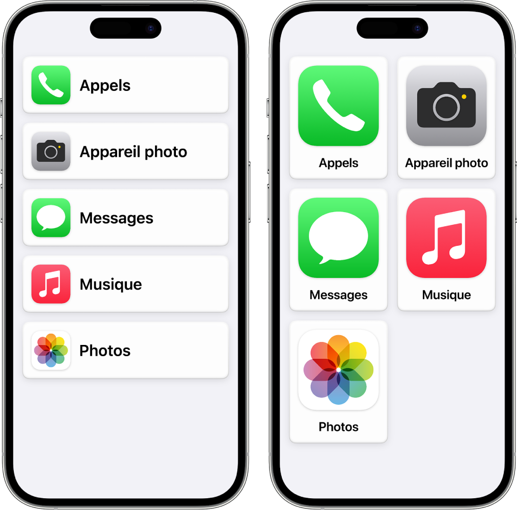 Deux écrans d’iPhone dans Accès d’aide. L’un affiche l’écran d’accueil avec des apps présentées en rangs superposés. L’autre affiche les apps en plus grand et disposées sous forme de grille.