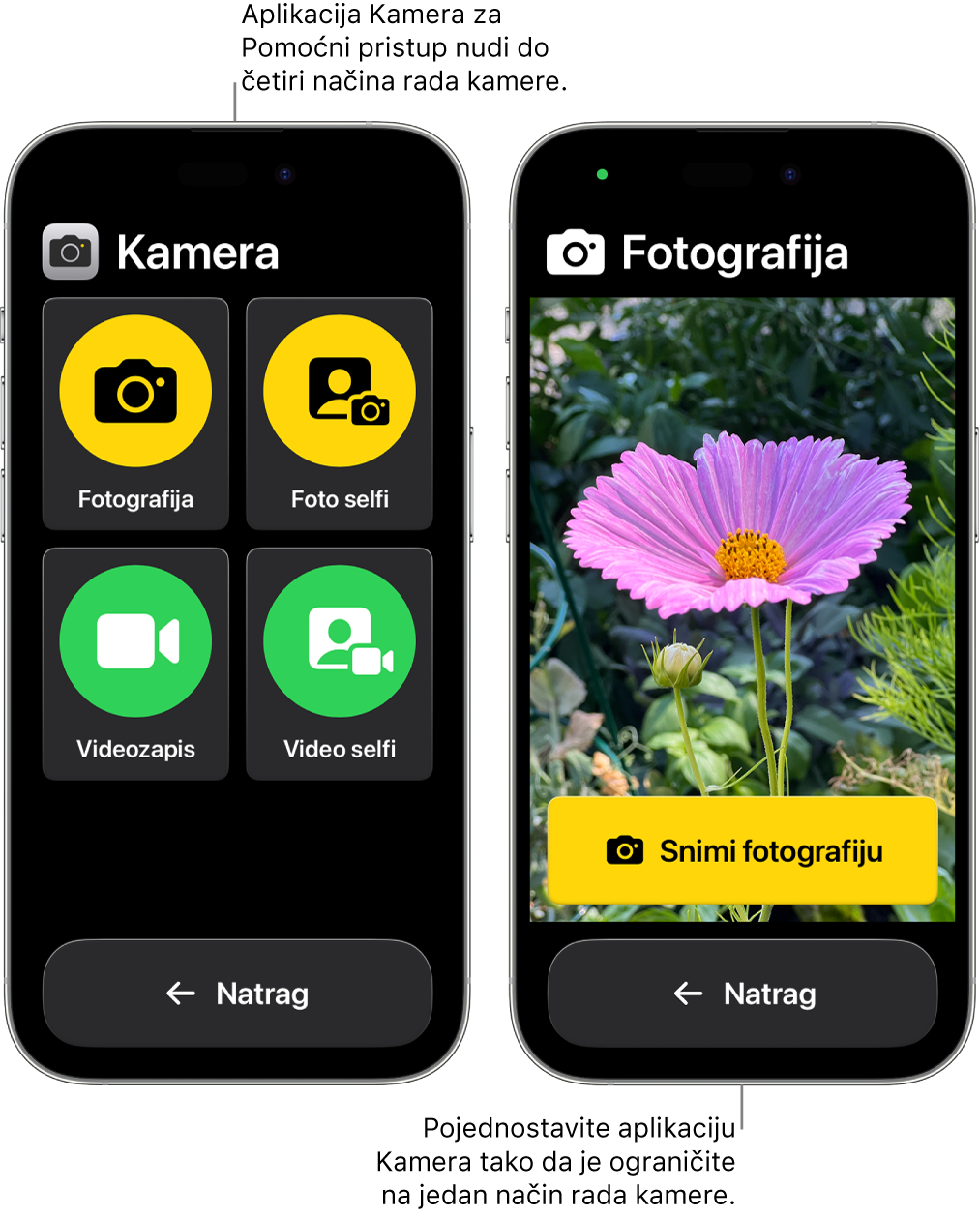 Dva zaslona iPhonea u Pomoćnom pristupu. Jedan iPhone prikazuje aplikaciju Kamera s modovima kamere koje korisnik može odabrati, kao što su Video ili Foto selfi. Drugi iPhone prikazuje aplikaciju Kamera s jednim modom za snimanje fotografija.